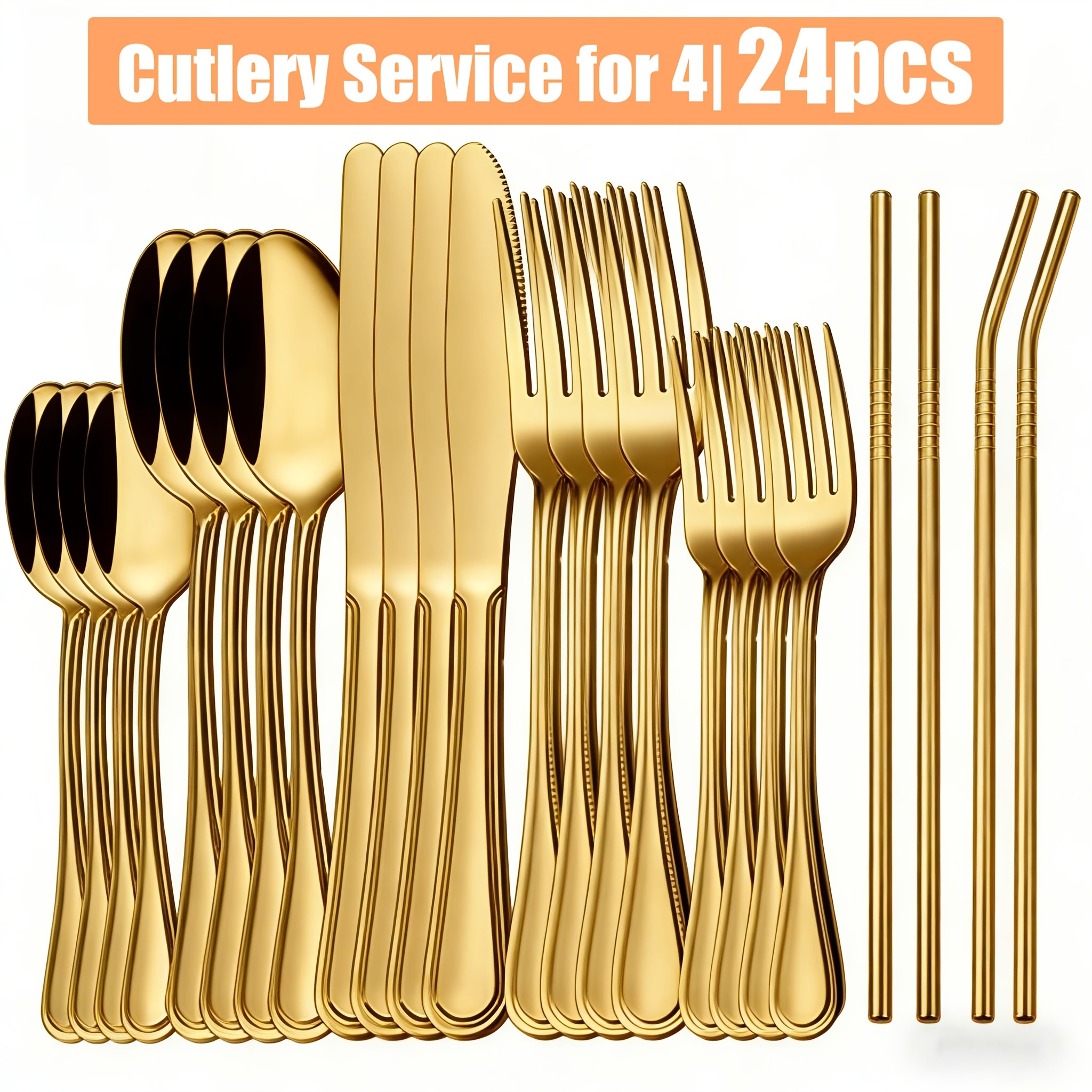 24pcs Set of Elegant Tableware with Straws, Featuring Smooth Round-Head Design And Easy Line Handles. Suitable for Both Dining And Wedding Purposes, Applicable to Various Occasions - from Casual Dinners to Festive Events, Dishwasher Washable