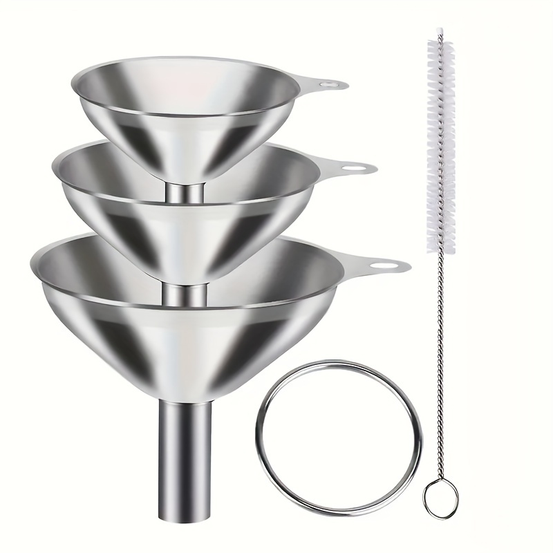 

Stainless Steel Funnel Set 3-pack - Versatile, Heat-resistant, Durable Kitchen Funnels For Transferring Liquids, Oil, Juice, Honey - Essential Cooking & Baking Tool With Cleaning Brush Included