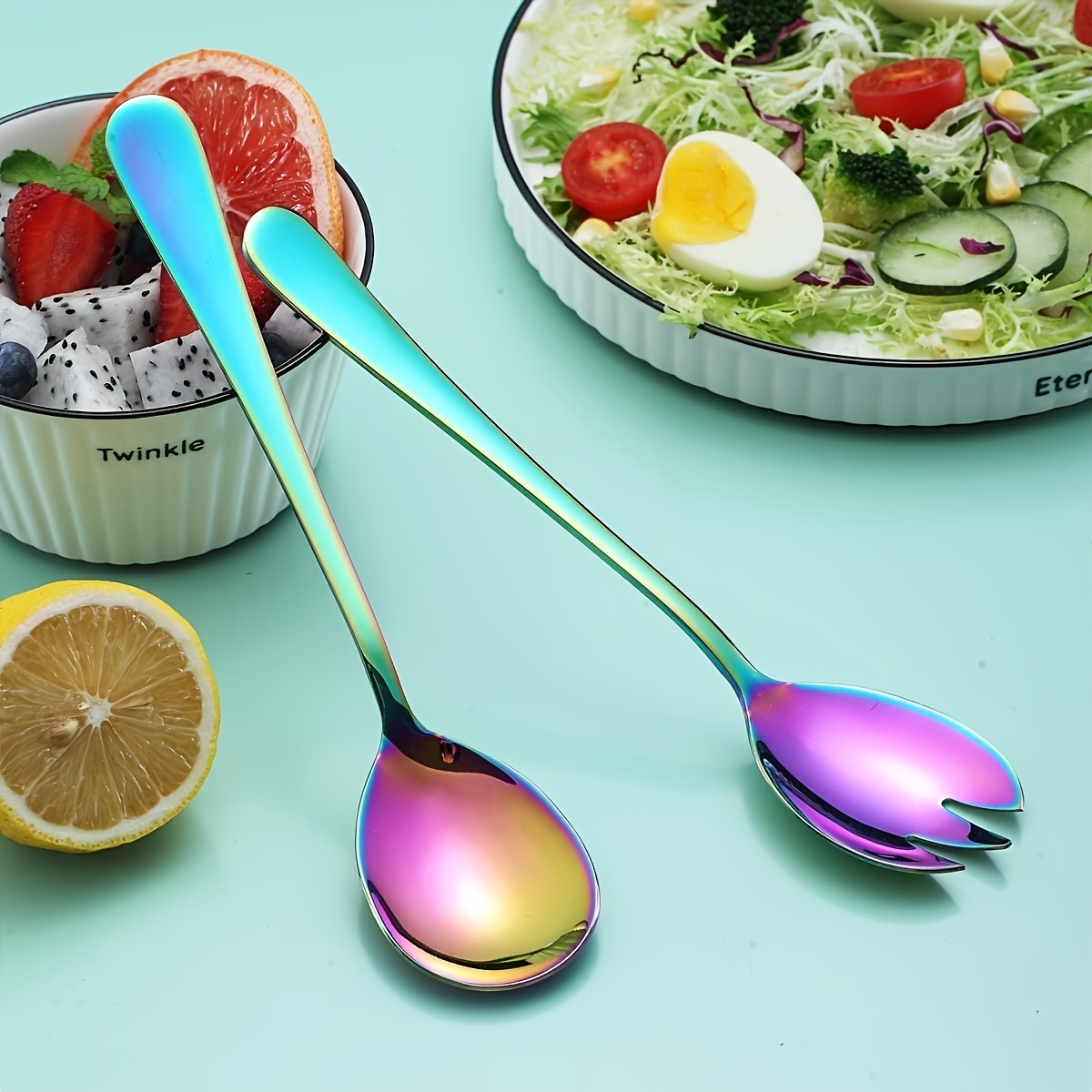 Image of 2pcs Salad Server Set, Food Grade Stainless Steel Salad Spoon Salad Fork, Durable Salad Serving Set For Home/kitchen/restaurant/party/easter, Mirror Polished, Dishwasher Safe
