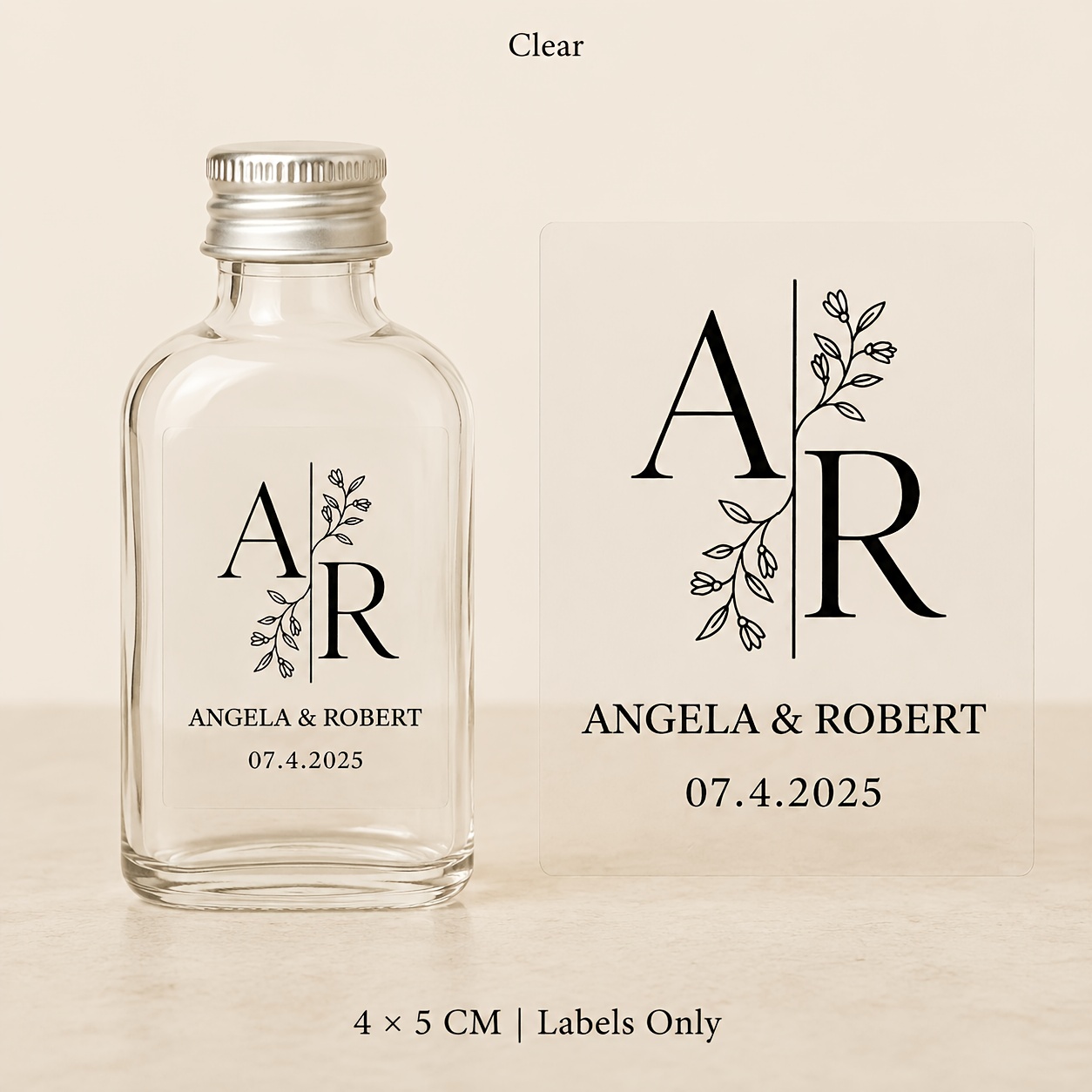TEMU Étiquettes de mini-bouteilles personnalisées, personnalisées, de couple et autocollants de date, 4 élégants de floraux, étiquettes transparentes