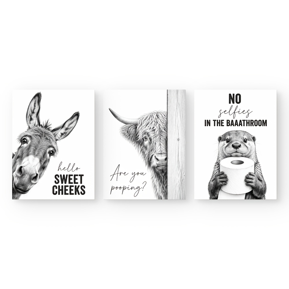 TEMU 2d Flat, Set Of 3 Animal Posters Suitable For Bathroom Decor - Donkey, Highland Cow & Otter Black White Sketch Prints, Vertical Rustic Farmhouse