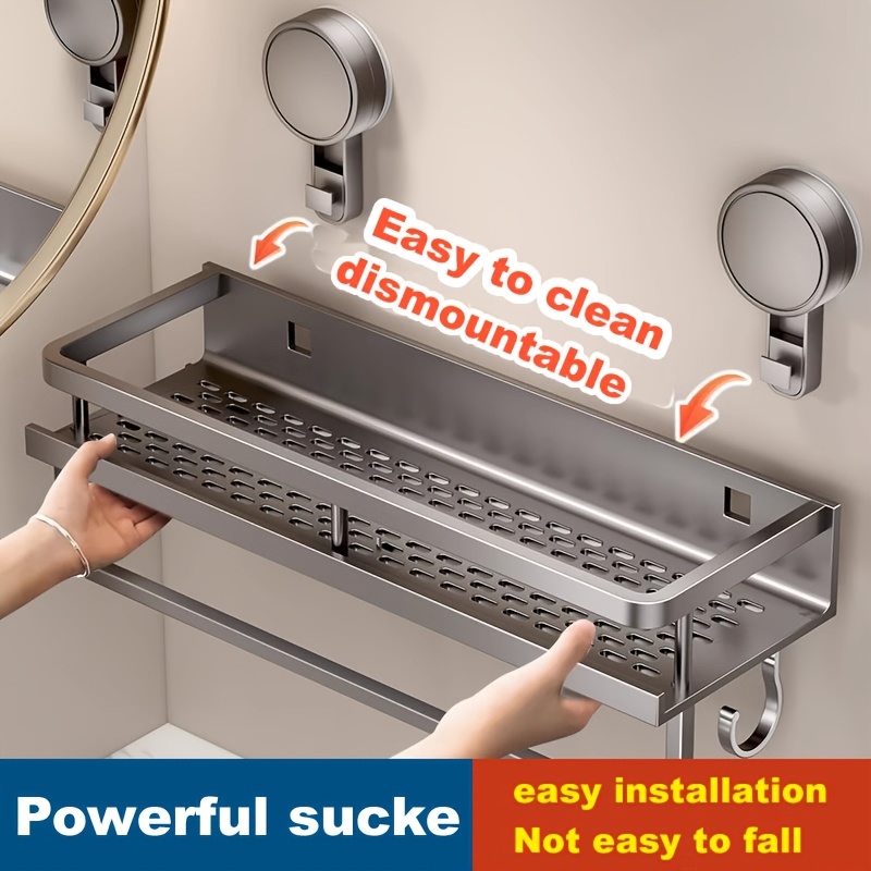 

Easy-install Stainless Steel Bathroom Shelf - No-drill Suction Cup Wall Mount, Spacious Storage For Toiletries & Accessories