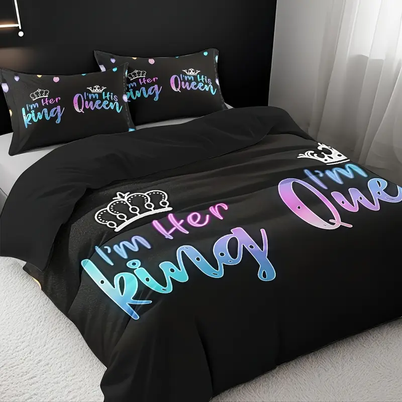 3pcs couple duvet cover set soft high definition black with colorful text breathable polyester perfect gift for machine washable 1 duvet cover 2 pillowcases no insert Product details 2