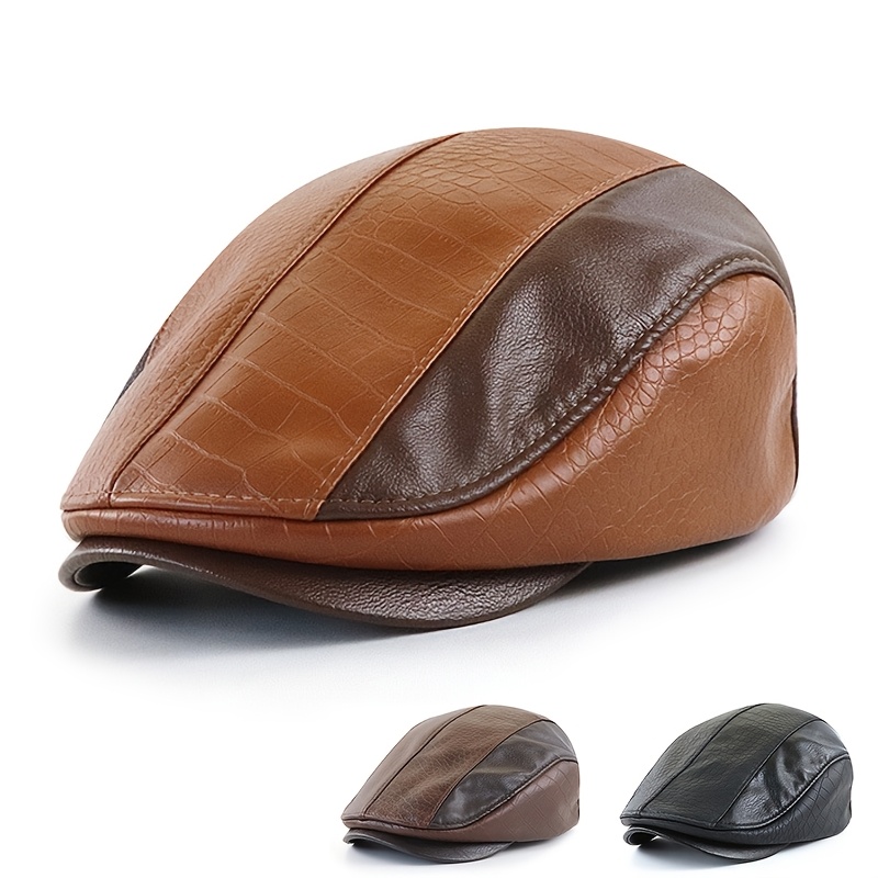 

Vintage-style Leather Beret Cap For Men - Classic Newsboy Hat With Crocodile Texture Detail, Smooth Options, Woven Leather, Ideal For Middle-aged & Elderly