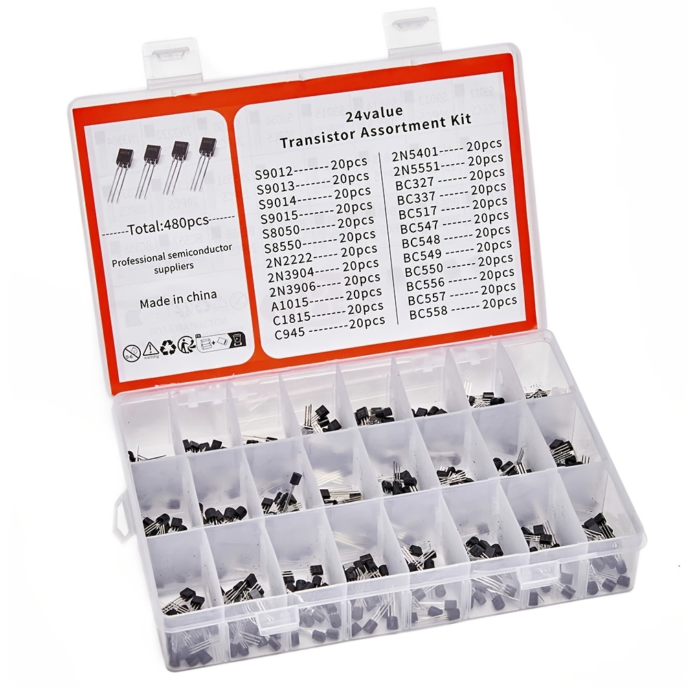 480 шт. транзисторів до -92 діодів pnp npn трубки високої/низької частоти 24 специфікації, по 20 кожного: 2n2222, 3906, 3904, 1015, 1815, s8050, s8550, 2n5551, 2n5401, bc327, bc337, bc517, bc547, bc548, bc549, bc550 Опис товару 2