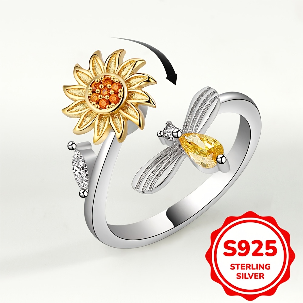 Women's S925 Sterling Silver Sunflower Rotating Ring