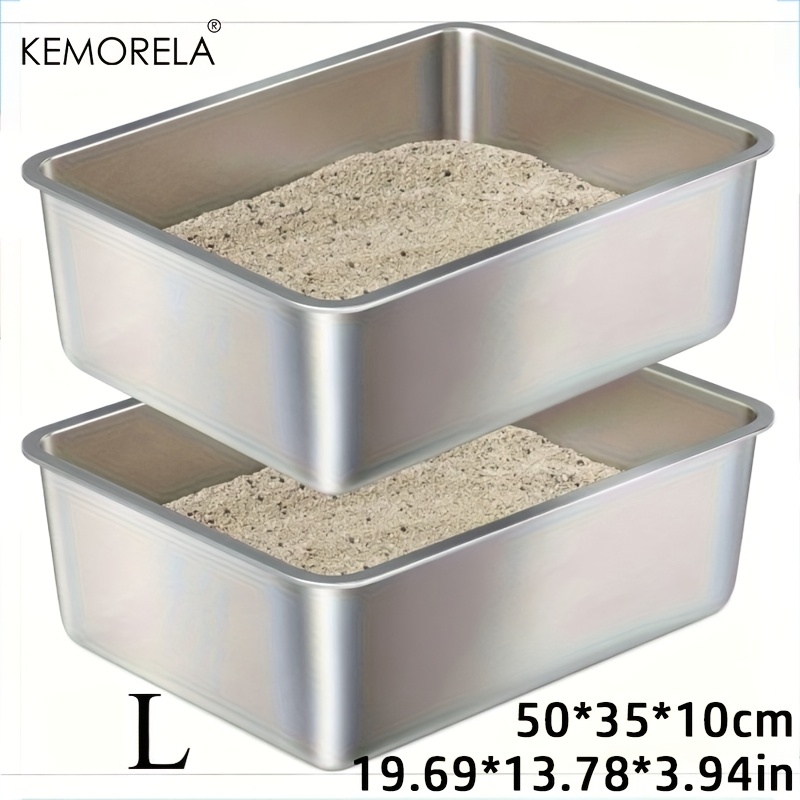Image of Kemorela 2pcs Stainless Steel Litter Box - Metal Cat Litter Box - 3.94in H Cat Litter Boxes, Cat Tray Pet Toilet Supplies For Indoor Kitty, Kitten, Rabbit, Puppy, Easy Clean-no Smell