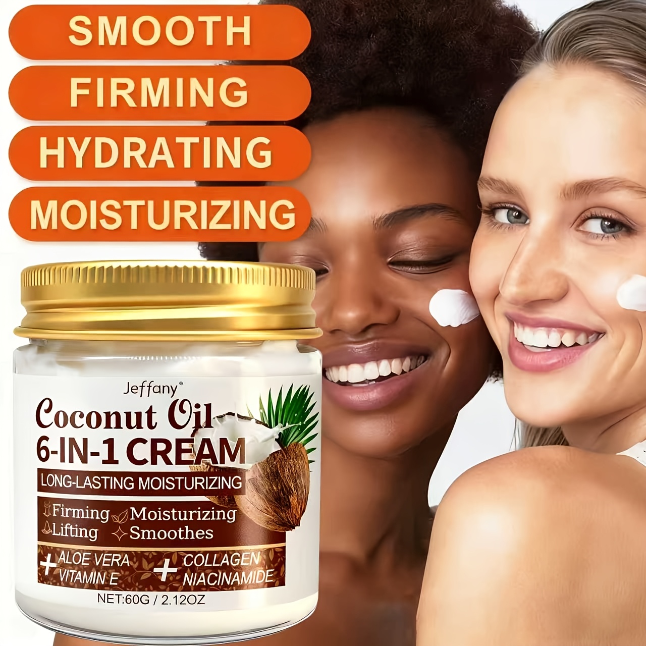 Cremă 6-În-1 cu Ulei de Cocos - Cremă Hidratantă 72 de Ore pentru Față, Corp și Gât, Conținând Aloe Vera, Colagen, Niacinamidă, Vitamina E, Hidratare Profundă și Hidratare, Hidratează Pielea, Lifting și Fermitate, Hidratare de Lungă Durată