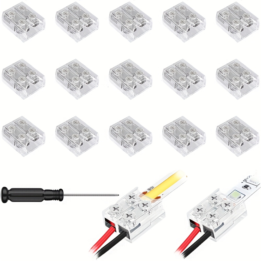 15 kosov 2-pine 10mm LED trakovi povezovalci, prozorni, brez varjenja, žični povezavi za COB in SMD LED trakove - Vključuje vijak, idealno za