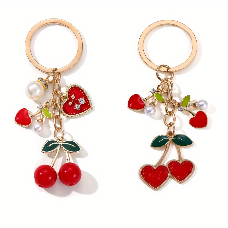 

Cherry & Heart Keychain With Pearls - Cute Metal Bag Charm For Women, Perfect Birthday Gift, Nxqxn