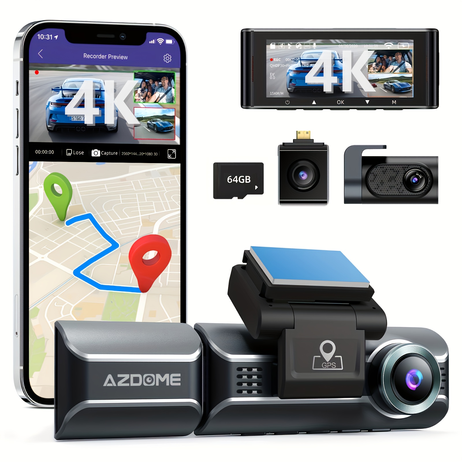 

Azdome Pro Three-channel Dash Cam With 3.19" Ips Screen, Front And Rear 4k+1080p, Front And Rear And Cabin 2k+1080p+1080p, , Built-in 5g Wifi And Gps, Free 64gb Card, 24h Parking Mode,