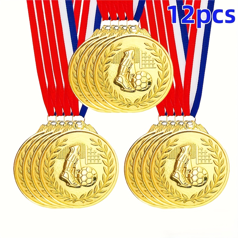 Image of 12pcs Tricolor Ribbon Football Medal Set - Durable Alloy, Ideal For Sports Competitions And Contests, Customizable With Laser Engraving