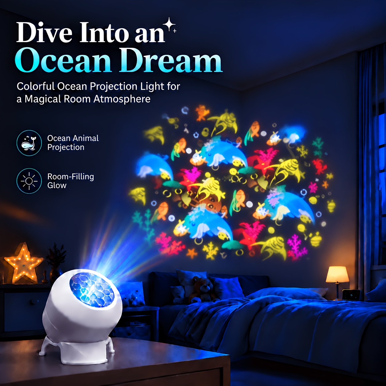 TEMU 1 Projection Night Light, Led Decorative Lighting Projector, 360° Rotating Desk Lamp, Multi-angle Projection Lamp, Usb Powered, Ocean Projection