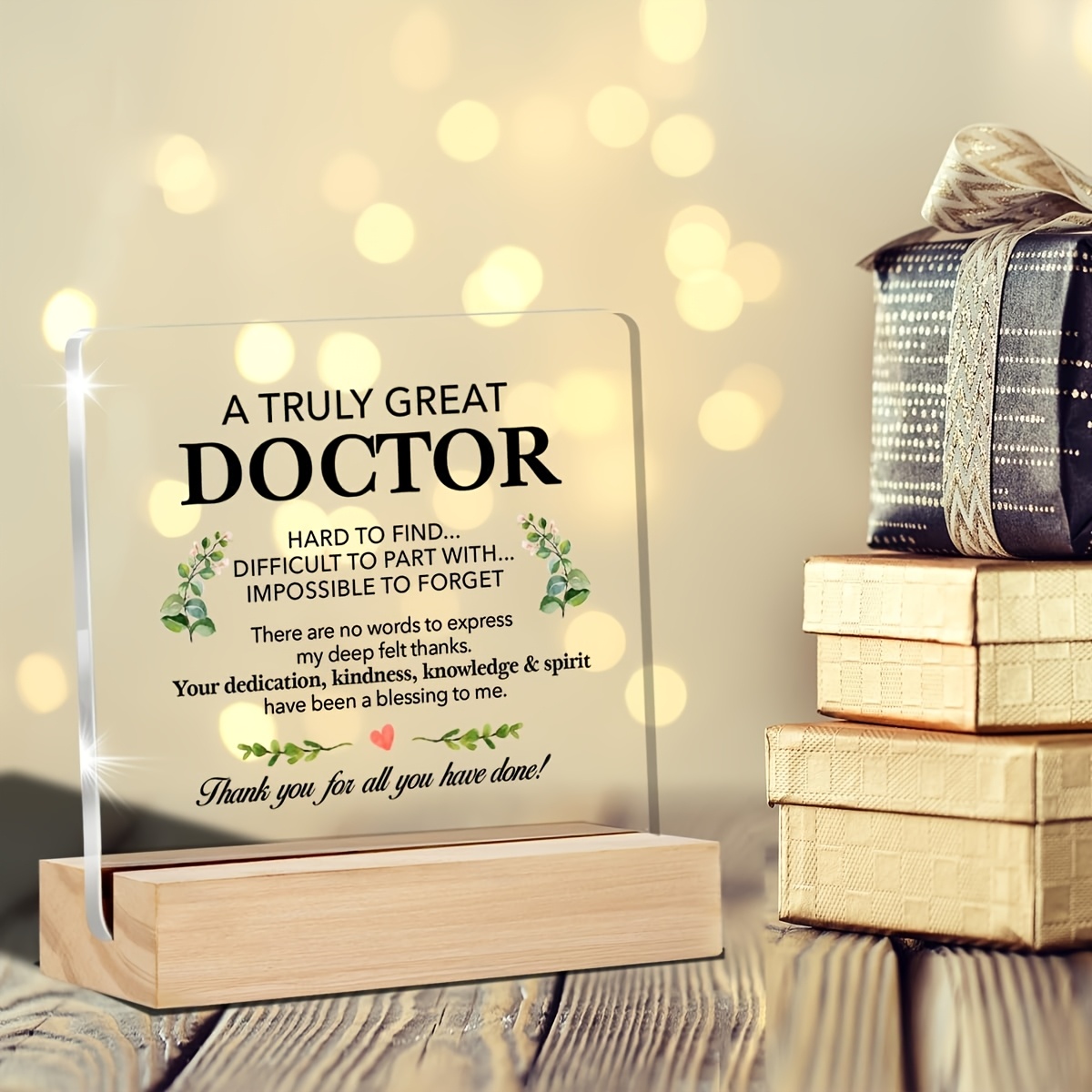 TEMU 1pc Transparent Acrylic Doctor Appreciation Plaque, Uncharged, With Wooden Base, Stand, For Office Decor, Birthday & Retirement Gift