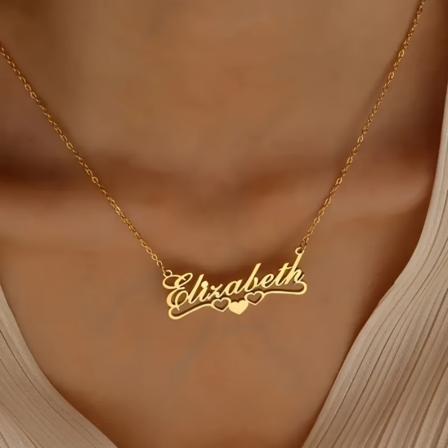 Custom Name Necklace Personalized &*;Elizabeth&*; with Heart Pendant, 18K  Golden Plated Stainless Steel, Custom Ribbon Chain Women'*