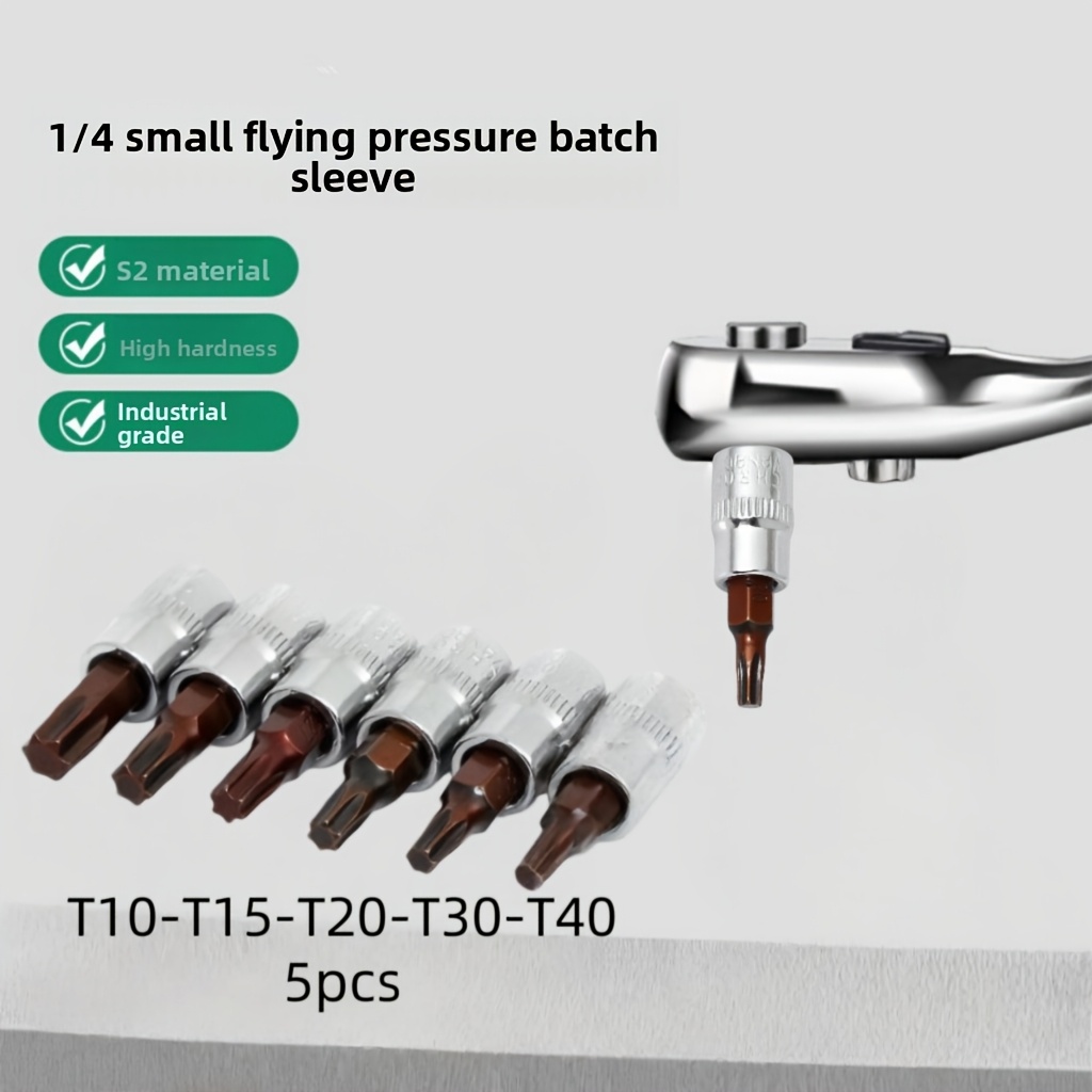 TEMU Set di 5 punte a bussola Torx con codolo esagonale da 1/4" in acciaio S2, punte a stella tipo T per riparazioni auto, manutenzione industriale e