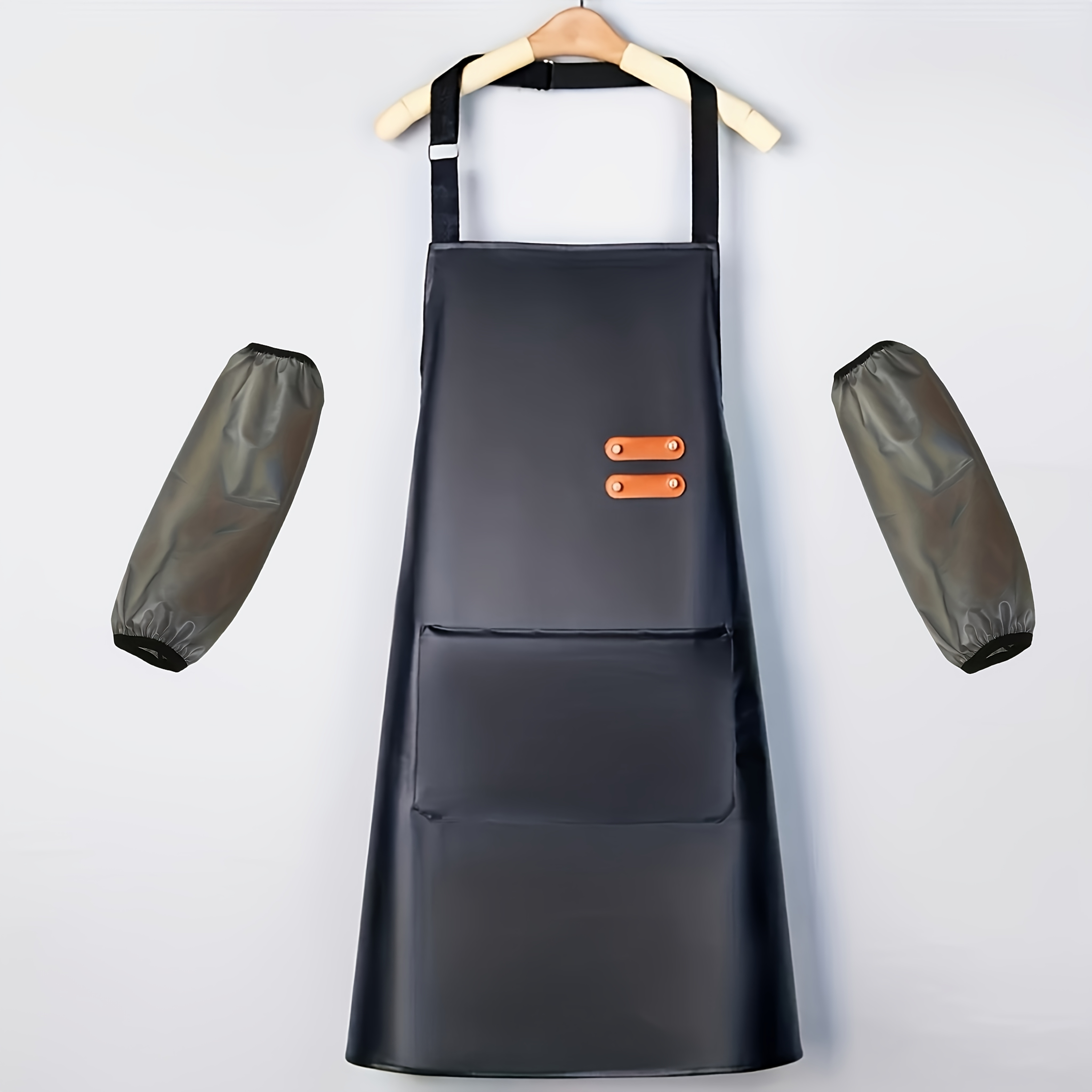 TEMU New High-quality Apron And A Pair Of Sleeves, A Home Pu Material Combination Set, Easy To Clean, With Zippered Pockets, Suitable For Chefs,