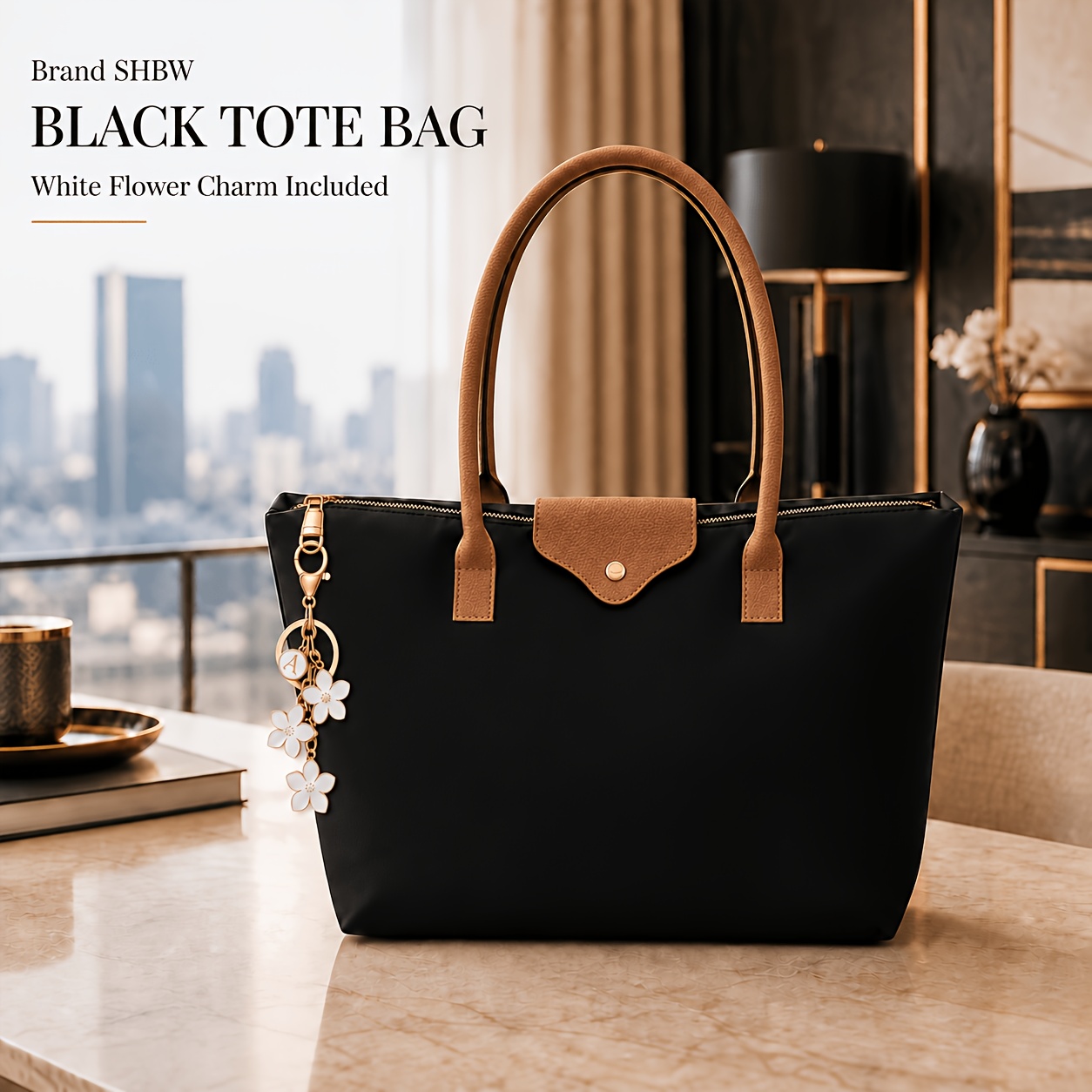 TEMU Shbw Women' Large Capacity Retro Tote Bag With Detachable White Flower Charm - Black Nylon/ Zipper Closure Shoulder Purse Suitable For Office,