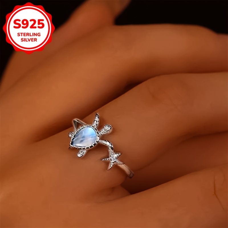 Moonstone Turtle Star Opening Ring S925Silvery 2.5g