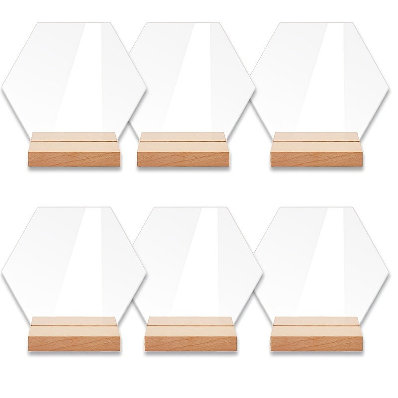 Image of 6pcs Clear Hexagon Acrylic Table Sign With Wood Stan Blank Hexagon Table Numbers With Wood Base, Hexagon Acrylic Sign Blank For Acrylic Wedding Sign Table Numbers Wedding Table Decor
