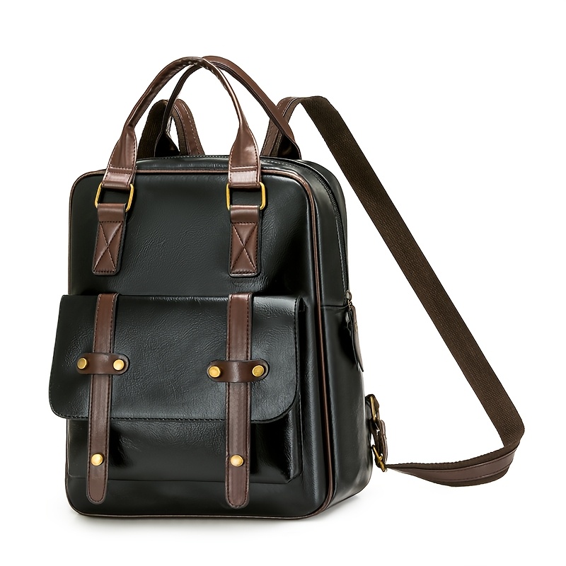 TEMU Set marrone , spallacci regolabili, frontale, ferramenta in ottone, chiusura con zip, design multi-scomparto, casual per lavoro, viaggi, scuola,