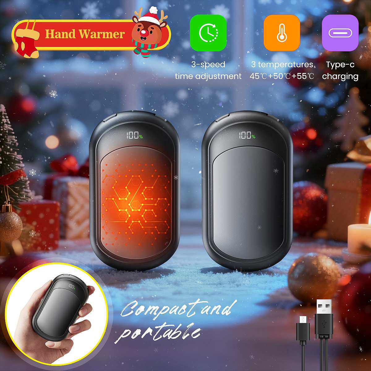 TEMU 2 Pack Chauffe-Mains Électrique Rechargeable - Chauffe-Mains Portable avec 3 Niveaux de Chauffage, 3200mAh - Batterie , Chaleur Instantanée pour