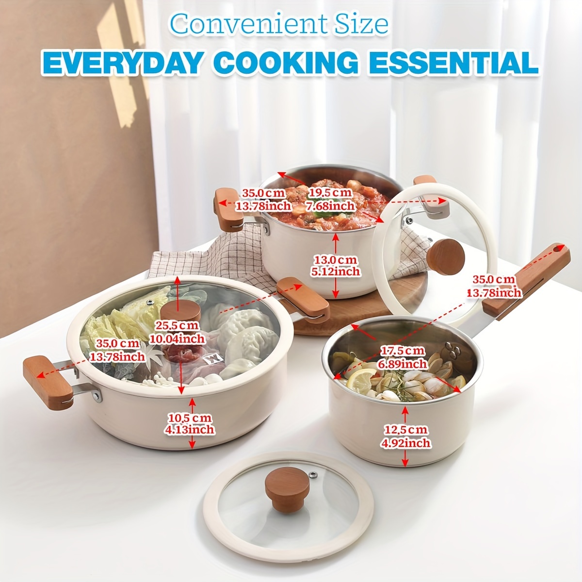 1 set high temperature ceramic paint stainless steel kitchenware set with tempered glass lid and wooden handle 3 layer aluminum core base suitable for all stoves beige sauce pot soup pot hot pot details 7