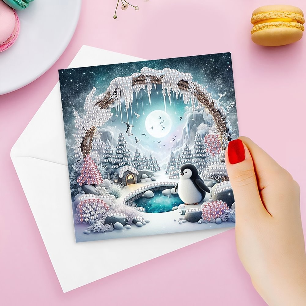 TEMU nieuwkomst 6 stuks doe-het-zelf strass steentjes diamant schilderij wenskaarten - Kerst blauw besneeuwd tafereel , fonkelende edelstenen
