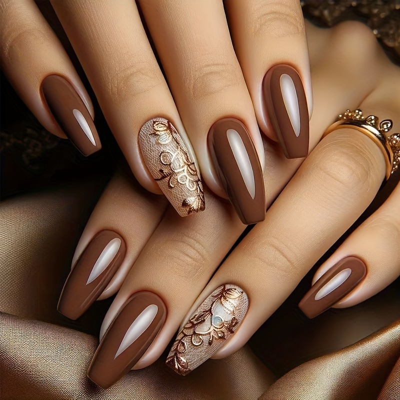 

24pcs Press-on Nails Set For Women - Long Square, With Brown & Flowers Design, Includes Jelly Adhesive & Nail File