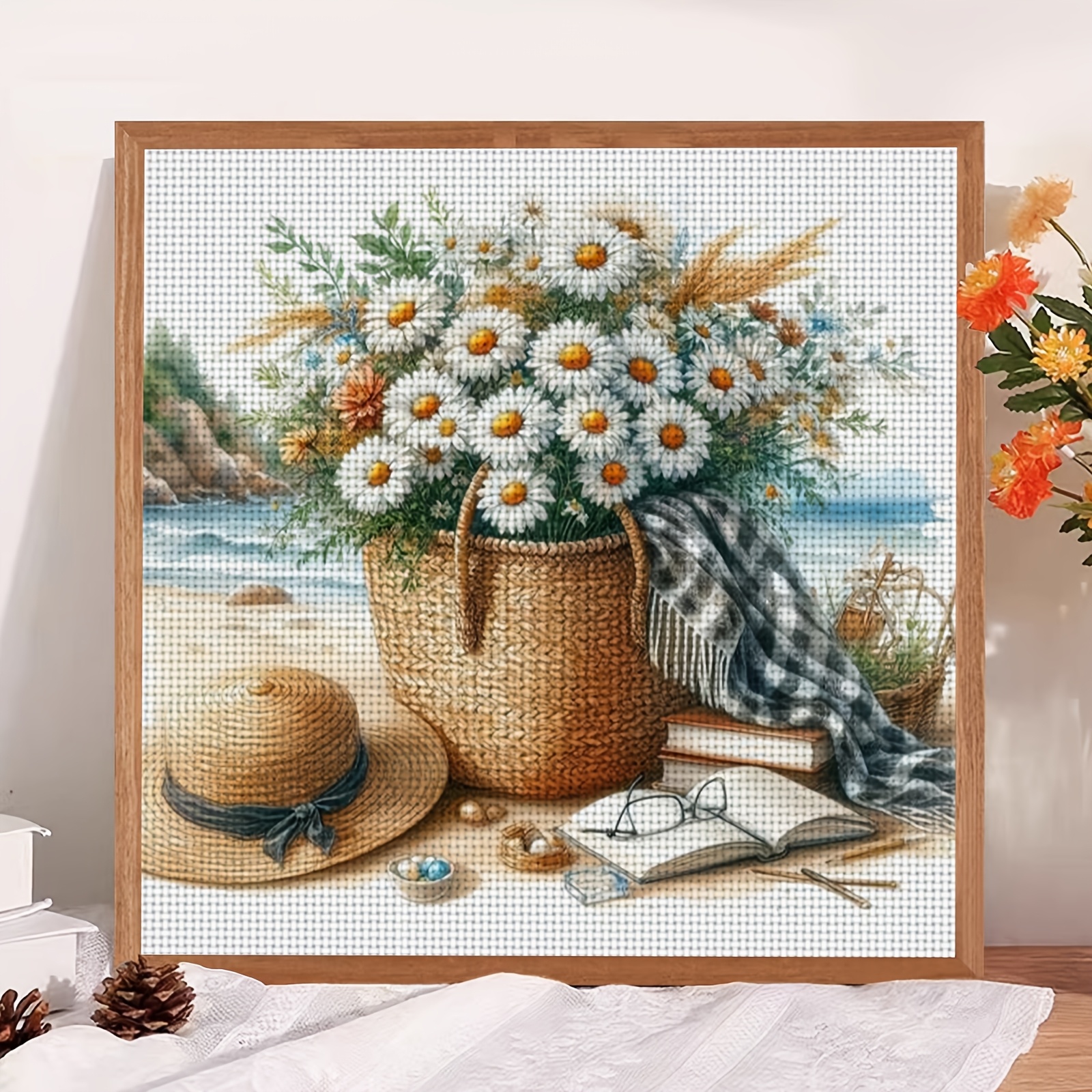 DIY Cross-stitch Printed Kit, Unframed, Beach Straw Basket Daisy Pattern