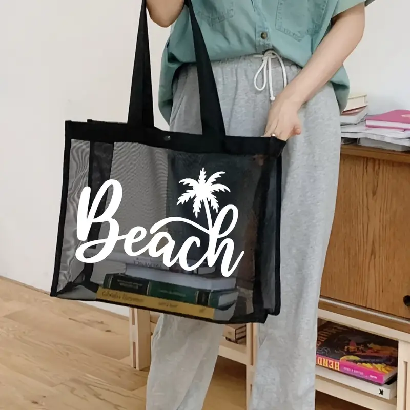 large capacity breathable mesh tote bag with palm tree beach letter print foldable shoulder bag for lightweight stylish summer accessory details 2