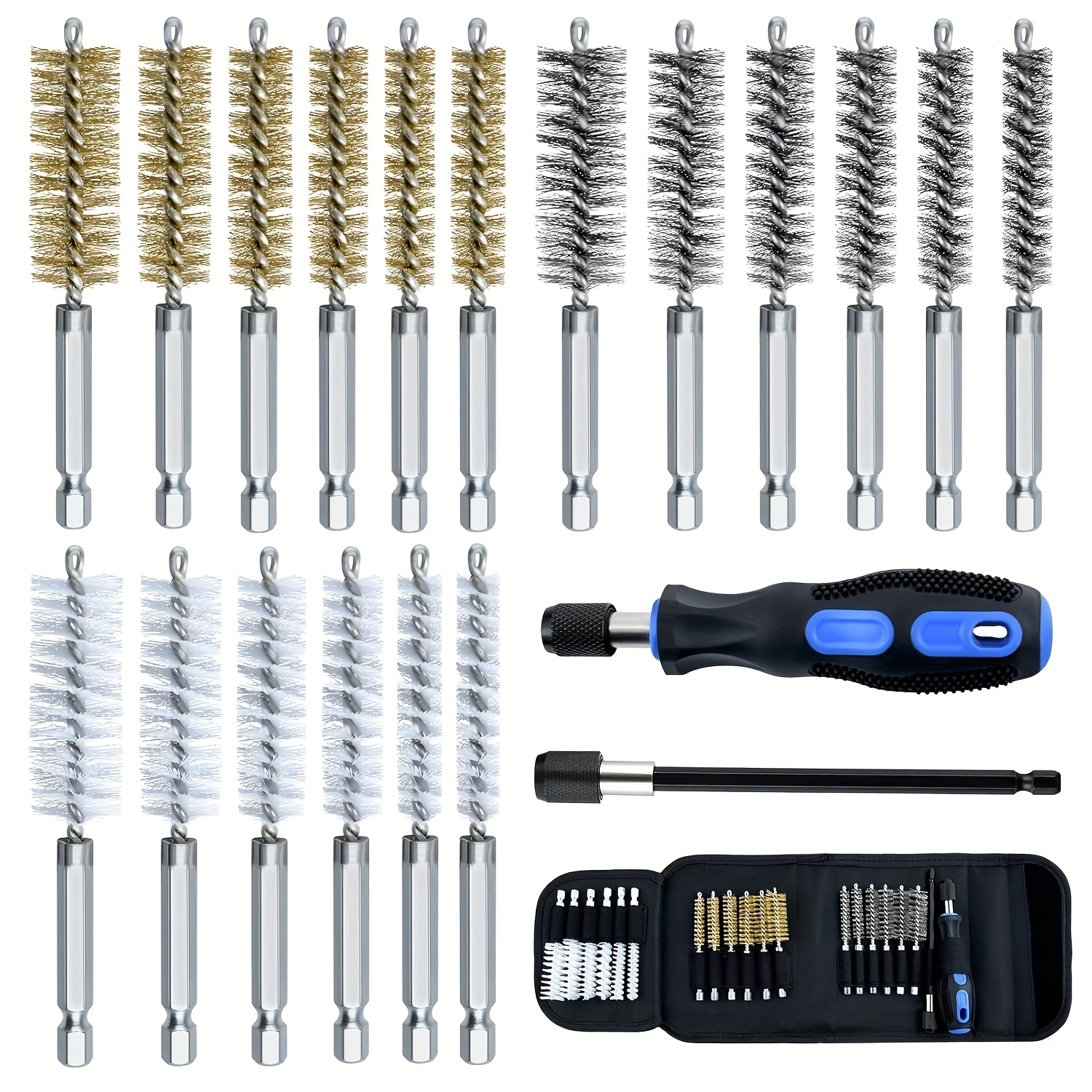 20-pack heavy-duty wire brushes with stainless steel bristles - for drill, impact driver, automotive, plumbing, manufacturing -   tool bag - compatible with 1/4 hex shank drill attachments - ideal for professionals & diy projects, wire brushes for drill, professional cleaning tools, durable construction,   design, industrial use,  ,   bristles, professional cleaners 0