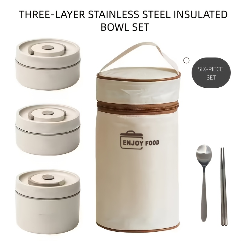 TEMU Set Of Portable Insulated Containers Including 3 Stainless Steel Bowls And 1 Insulated Bag. Features Airtight Seals, Insulation, Microwave