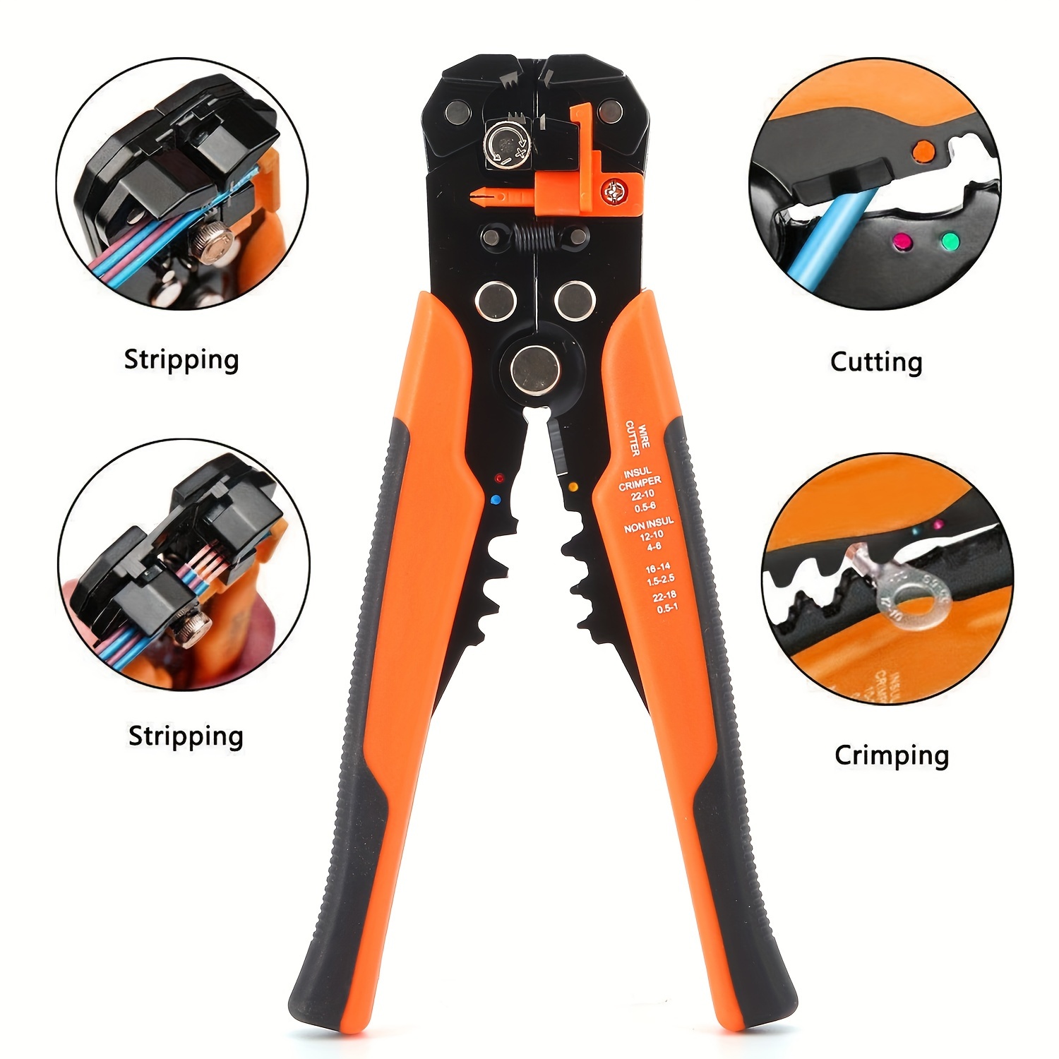 

3-in-1 Automatic Stripping And Crimping Tool - Red, Yellow, And Orange Metallic Handles With Non-slip Grips - Perfect For Electrical Wiring And Cable Maintenance