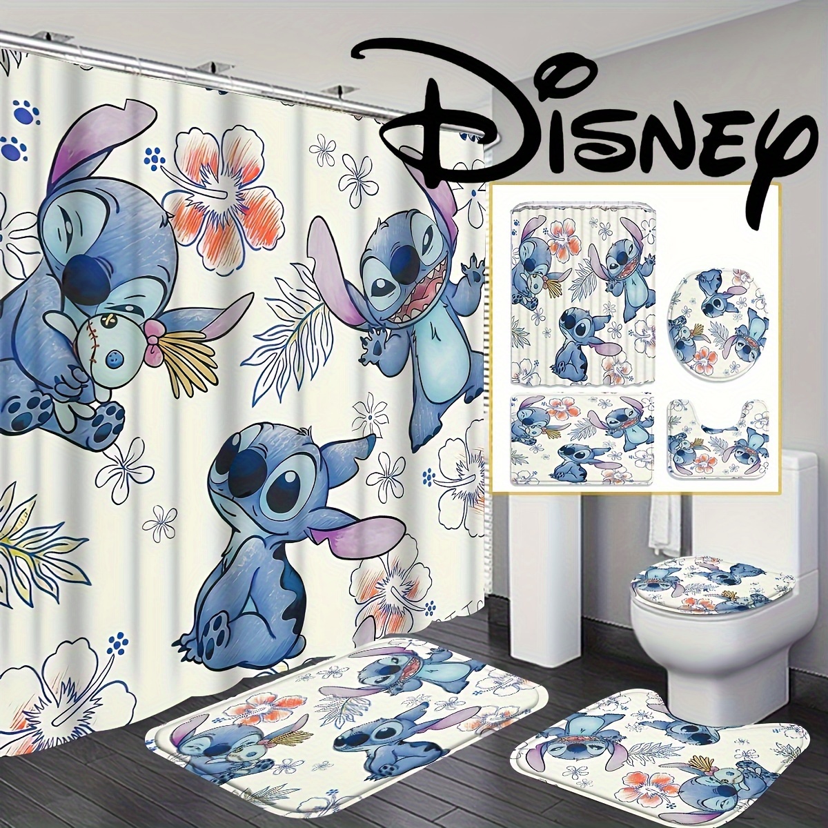 

4pcs Disney Stitch Cartoon Pattern Shower Curtain Set, Waterproof Shower Curtain With 12 Hooks, Non-slip Bath Mat, U-shaped Toilet Mat, Toilet Mat, Bathroom Decor Accessories