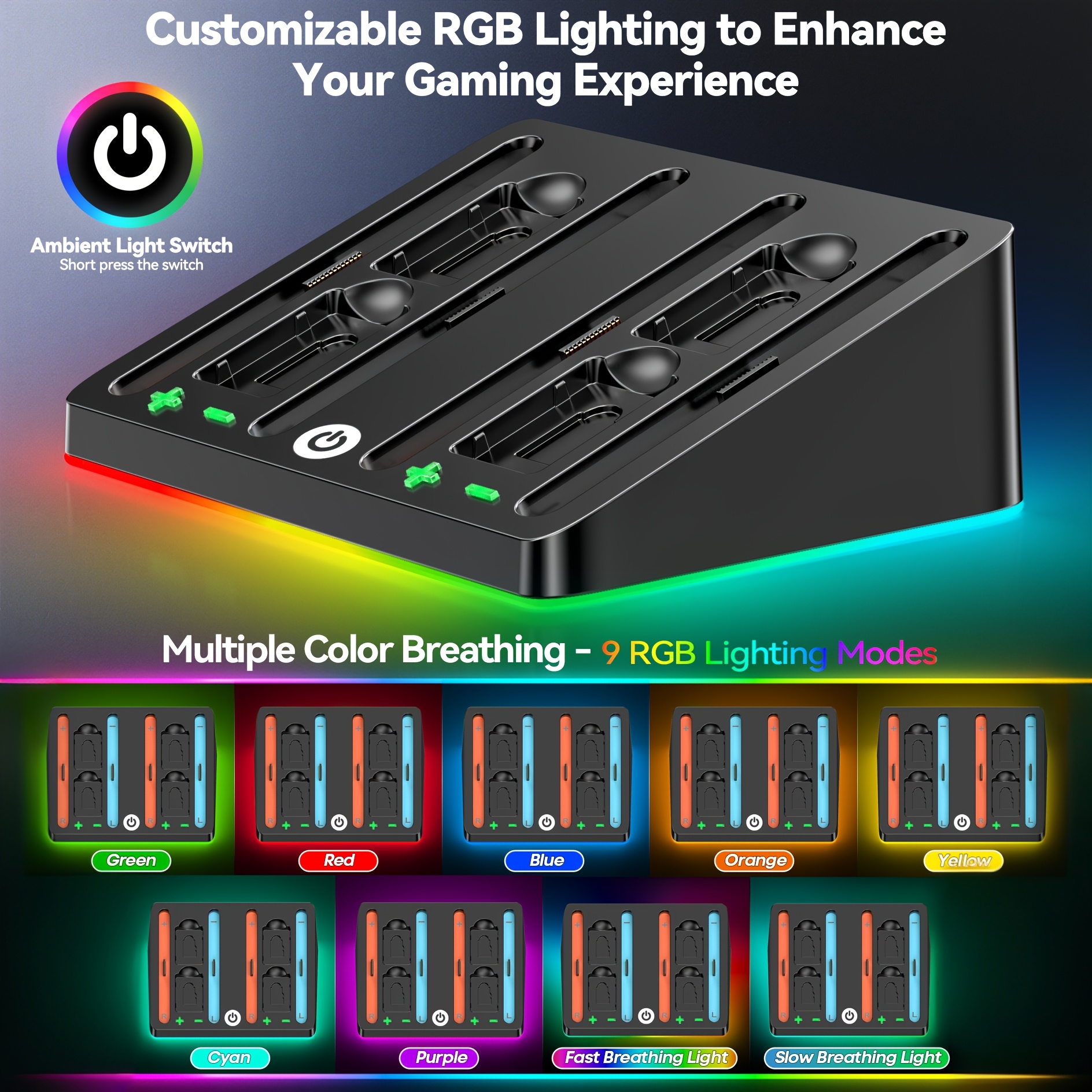 charger for switch 2 game controller charges four controllers simultaneously cartridge storage multi mode rgb lighting charging indicator light flat docking station for ns switch 2 controllers Product details 4