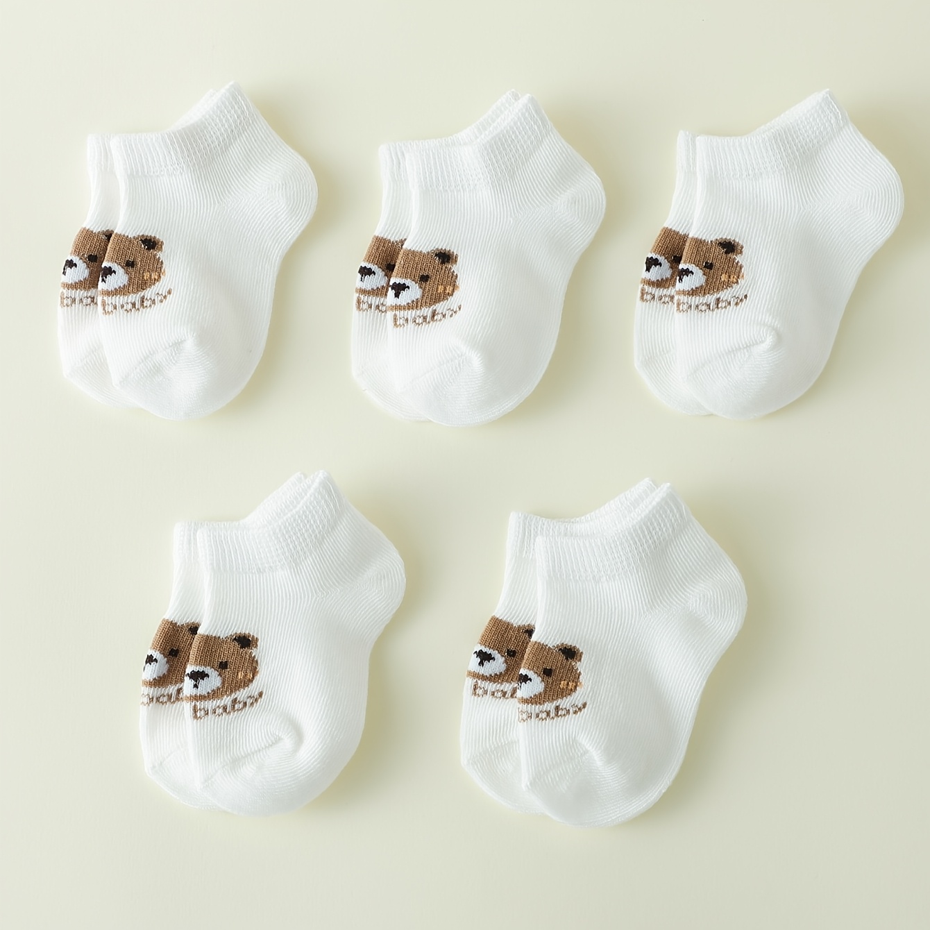 Image of 5 Pairs Of Cute Cartoon Bear Socks For , Solid Color Boat Socks For Infants And Toddlers