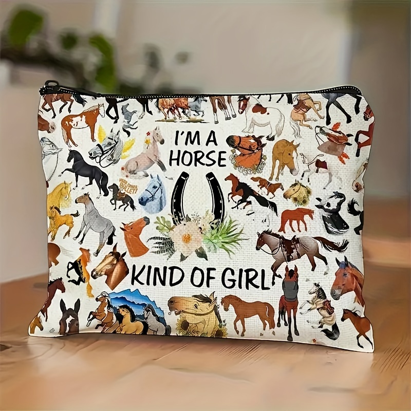 

1pc "i'm A Horse Kind Of Girl" Cosmetic Bag - Double-sided Printing With Vibrant Horse Illustrations, Large Capacity, Foldable & Waterproof, Polyester, Adult - Travel Or As A Gift,