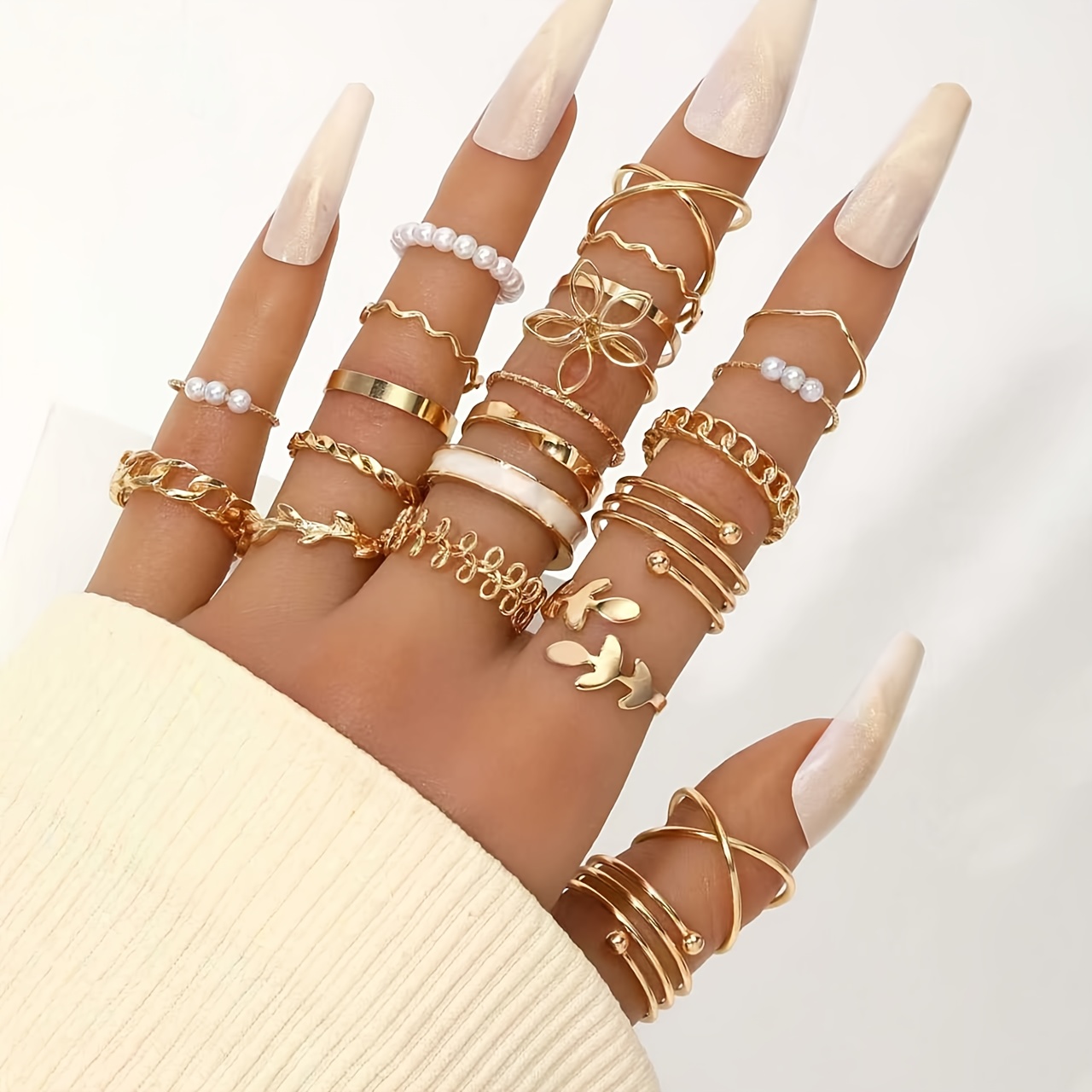 TEMU Ensemble de 22 bagues pour femmes, style punk vintage, avec perles artificielles empilées, polyvalent pour tous , fêtes et vacances, idées