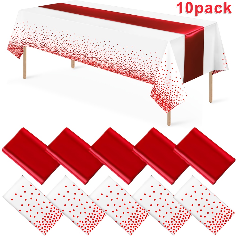 TEMU 10-pack Elegant Disposable Plastic Tablecloths & Red Table Runner Set - White Dot Table Covers & Glossy Runner For Wedding, Birthday, Shower,
