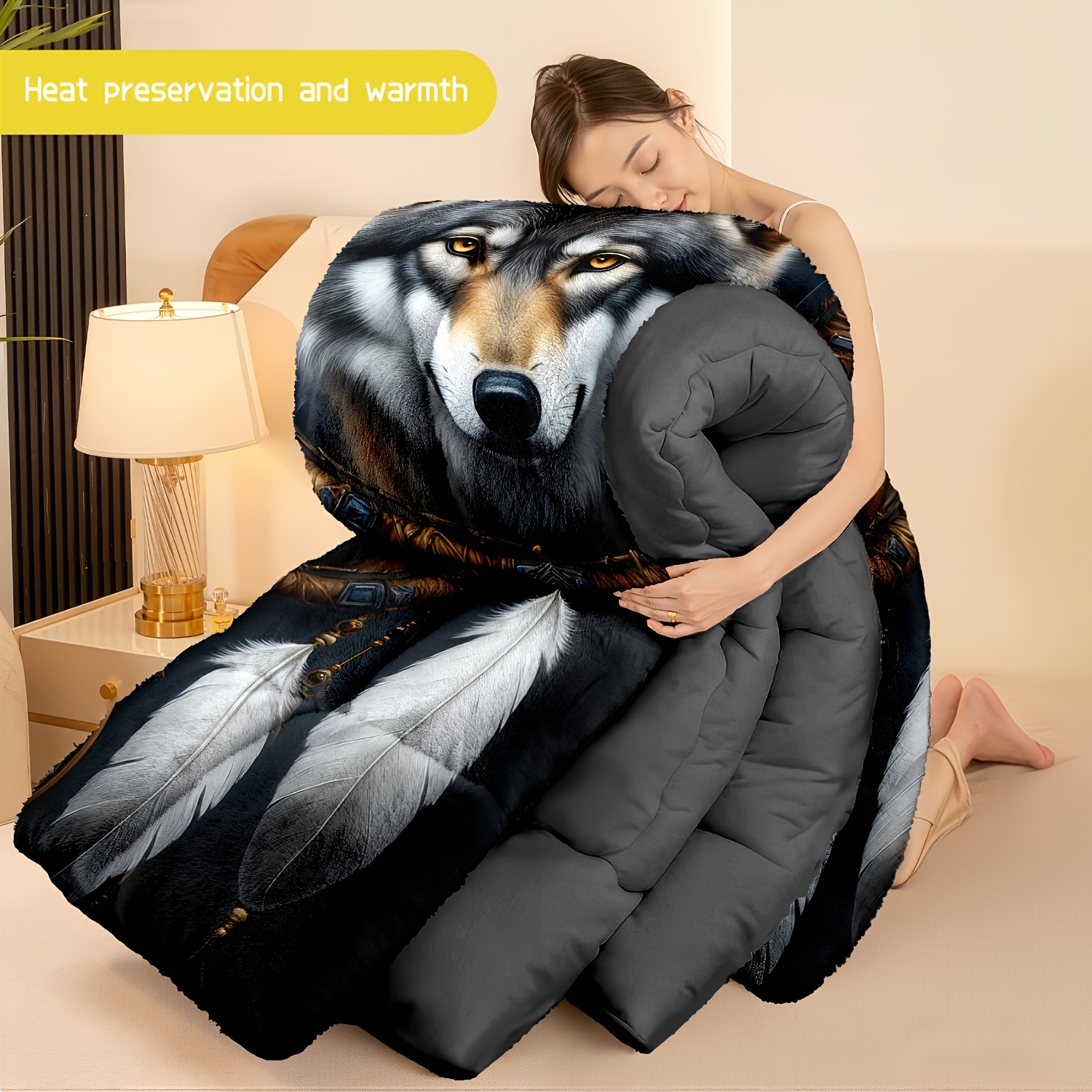 TEMU 3pcs Set (1 Comforter   2 Pillow Covers) Featuring A Wolf Design In Flannel And Milk Velvet, Providing And Warm Bedding For Adults. This Cozy