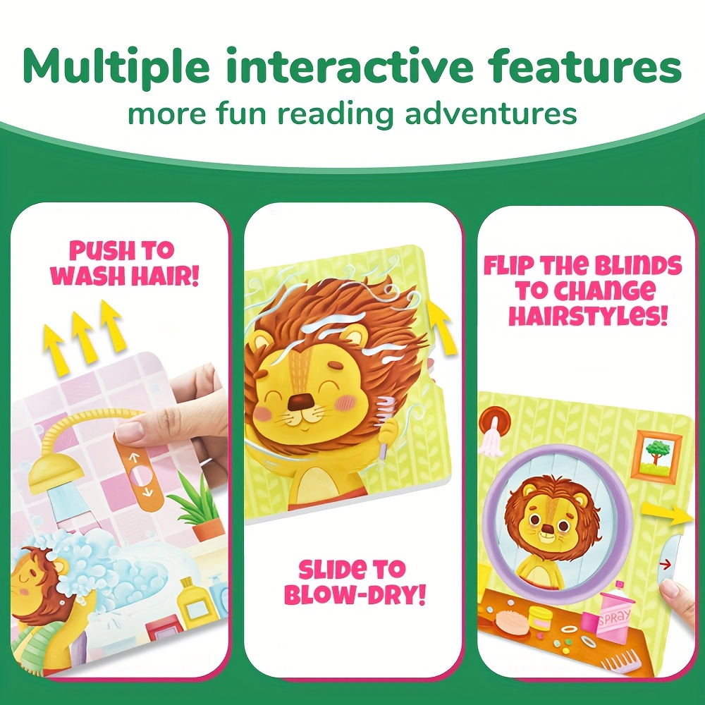 A Day Dedicated to Clean Hair for Lions, Interactive Push-Pull Books, an Engaging Busy Book, a Parent-Child Activity Book Focused on Hair Hygiene for Preschoolers, Fun Mechanical Designs to Enhance Independent Skills, a Book on Hair Care with Playful Illustrations, a Durable Board Book Featuring Captivating Images, Robust Construction, an Ideal Early Education Gift for Christmas And Birthdays, Activities for Kids During Airplane Travel, Bear