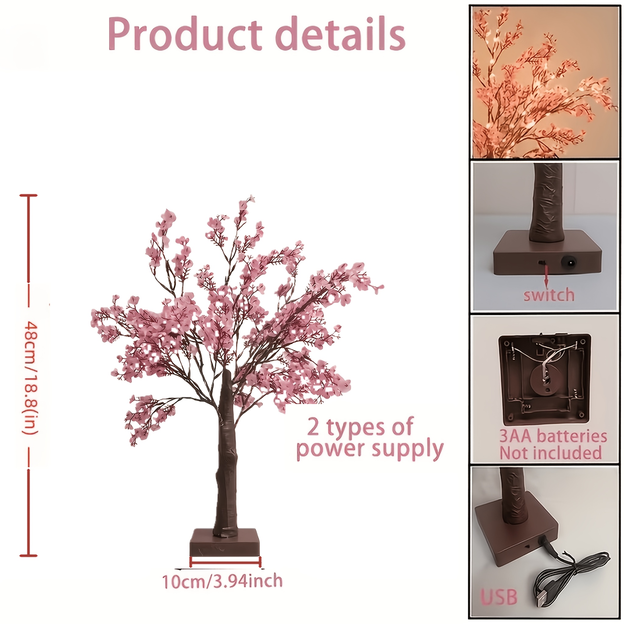 TEMU 1pc Branch Light, Artificial Desktop Decor Lamp, Pink Flower Tree With Warm White Light, Usb/battery , Aesthetic Holiday Decor Home, Bedroom,