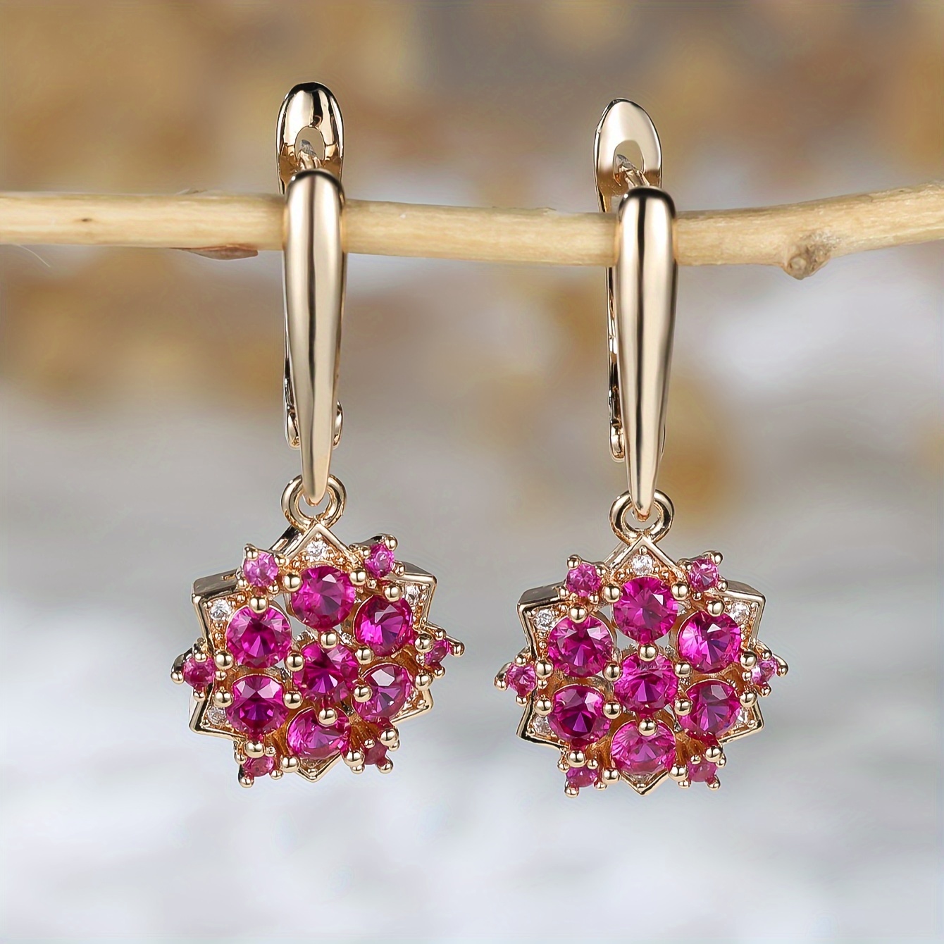 

Elegant Luxury Flower-shaped Drop & Dangle Earrings With Pink Synthetic Cubic Zirconia Copper Base & Nickel-free Plating, Perfect For Wedding & Party Occasions