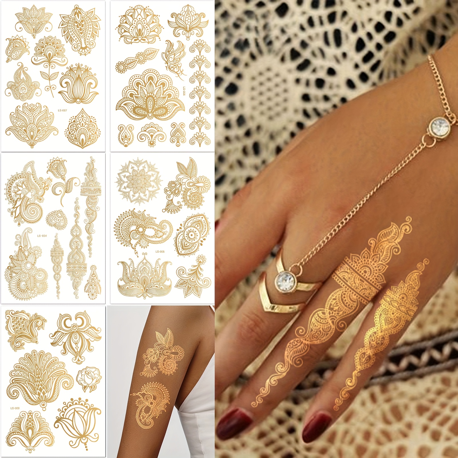 Image of 5 Sheets Hot Foil Temporary Tattoos For Makeup, Prom, And Parties, Arm, , Body Decoration Stickers Waterproof Tattoo Stickers