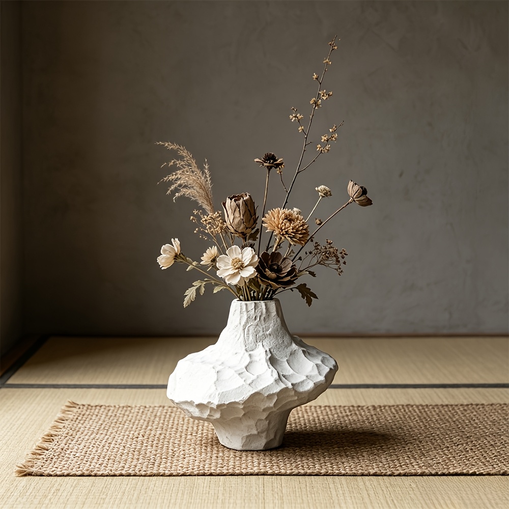 White Wabi-Sabi Ceramic Vase, Handmade Stone Texture Pottery, Matte Glaze Vessel for Living Room & Entryway, Hydroponic & Dried Flowers, Retro Home Decor for B&B & Tea House