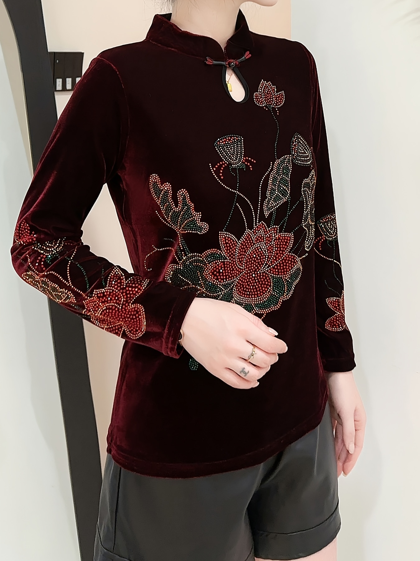 blusa terciopelo elástica mujer larga bordado Temu Spain