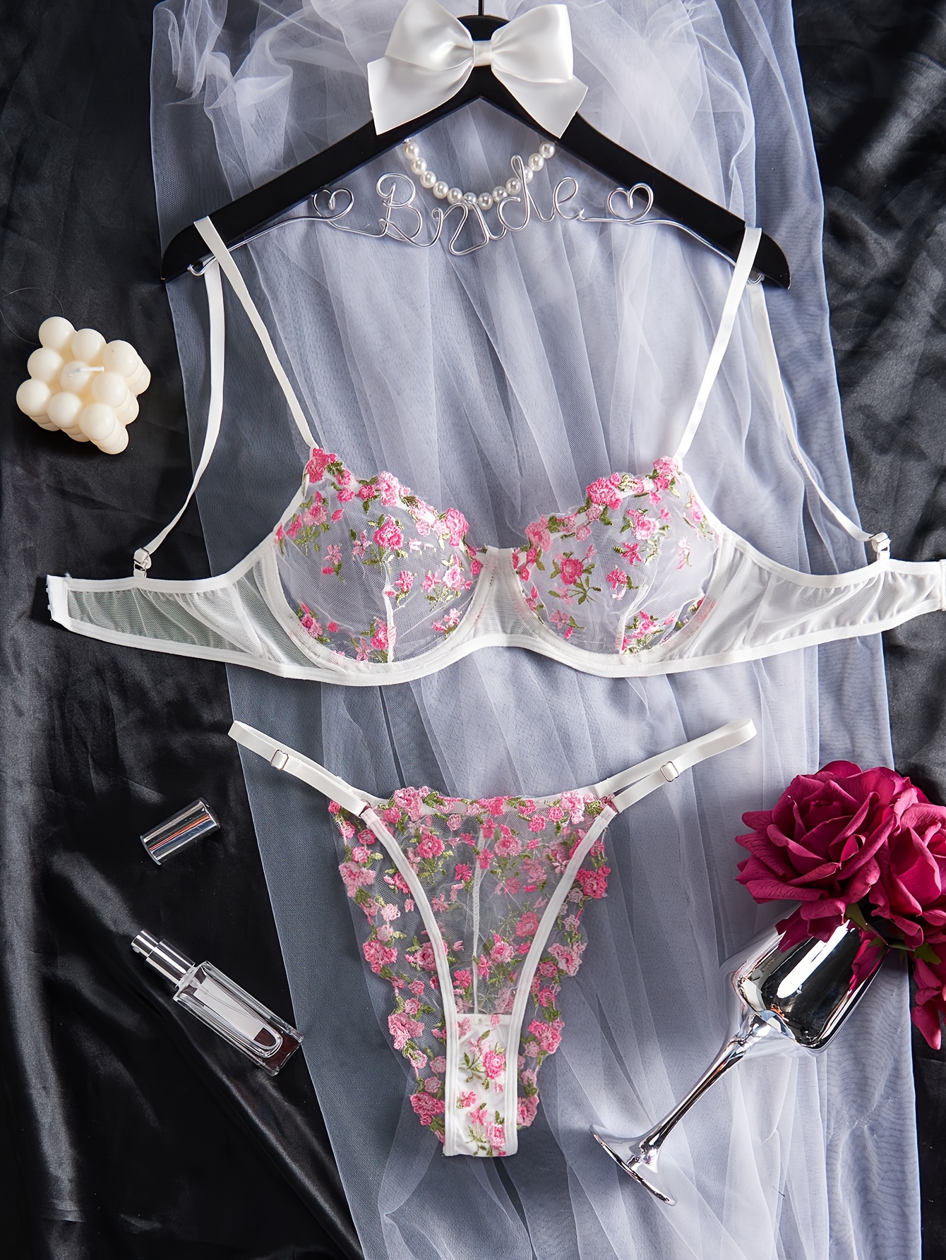 Floral Embroidered Mesh Lingerie Set See Underwire Bra No - Temu