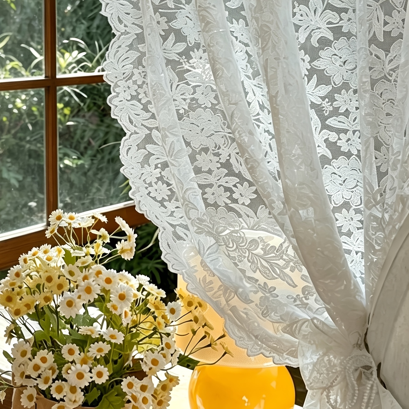 Image of 1panel Solid Elegant Large Floral Lace Curtain, Vintage Country Sheer Window Scarf Decorating Window Rod Pocket Short Curtains, Living Room Bedroom Dining Room Decoration