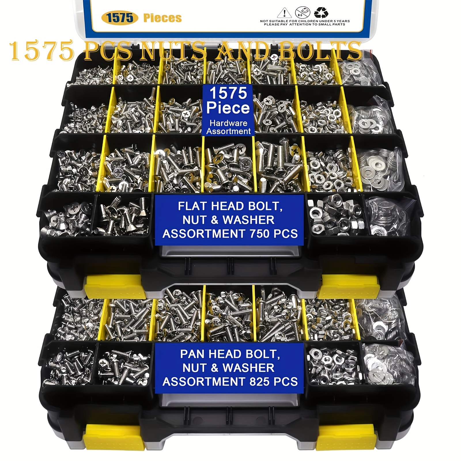 1575pcs Nuts And Bolts Assortment Kit, Stainless Steel Phillips Pan Head & Screws, Assorted Nuts Bolts Washers With Double Sided Organizer Box